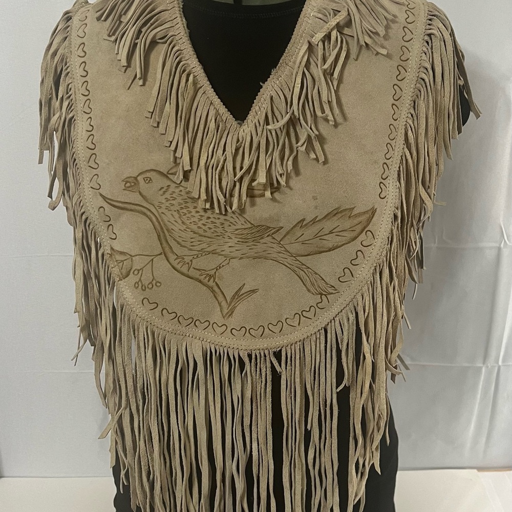 Fringed Suede Bird-Embroidered Wrap Scarf - Beige